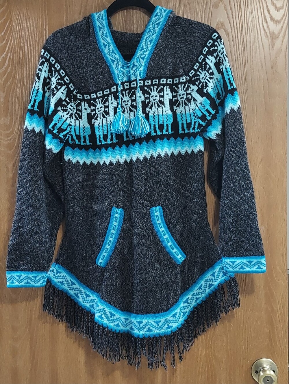 Women's Charcoal Gray & Turquoise Fringe V-Neck Hooded Sweater